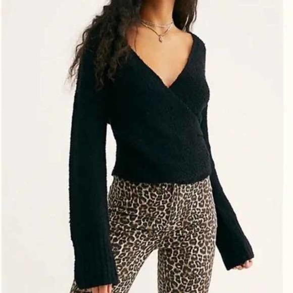 Free People Marshmallow Surplice Black Fuzzy Faux Wrap Sweater Medium FP - Picture 1 of 6